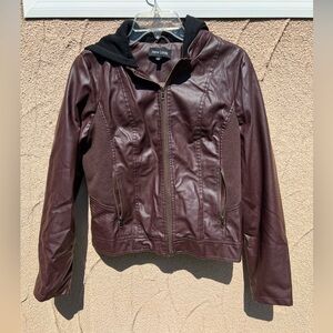 New Look Women's burgundy Faux Leather Jacket with Hood